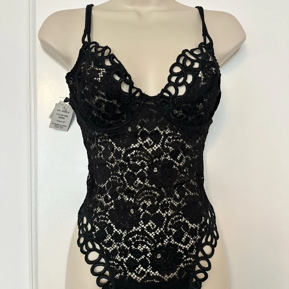 La Perla Documented collectors Black Lace Bodysuit with Fishnet Hosiery